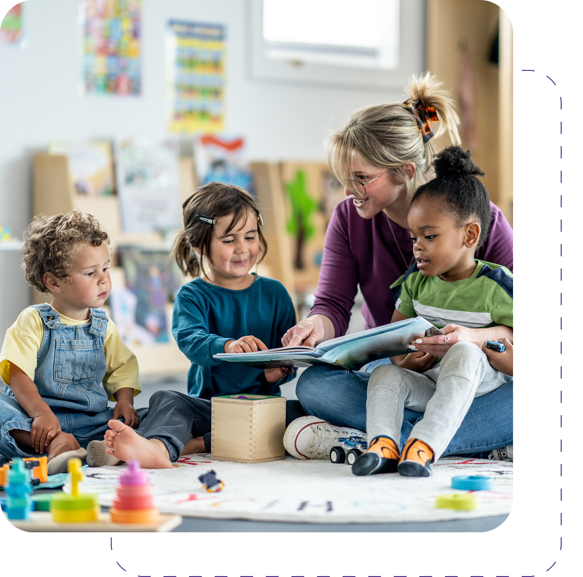 Teacher reading to young children in classroom.